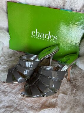 Charles by Charles David Gray Patent Open-Toe Slide Mules